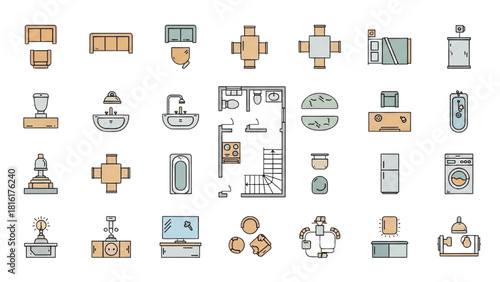 Top-down view of furniture and home decor elements arranged in a grid