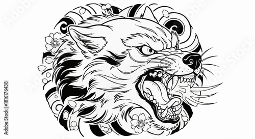 Detailed Line Art of a Snarling Wolf Head with Floral Accents.