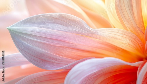 A delicate macro shot capturing the soft, translucent petals of a dahlia flower in warm pastel tones of pink and peach