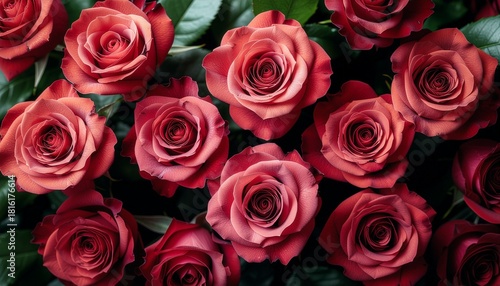 Lush arrangement of deep red roses viewed from above, a timeless expression of passion, love, and affection for anniversaries or Valentine's Day