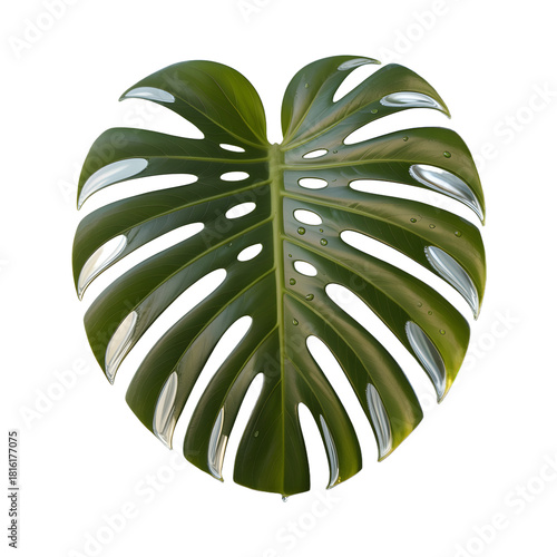 Large Green Monstera Leaf with Water Droplets and Reflective Surface tropical plant