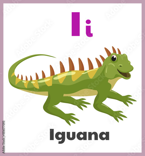 Iguana letter I english alphabet card children