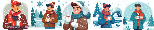half body of man walking in the snow holding a warm mug
