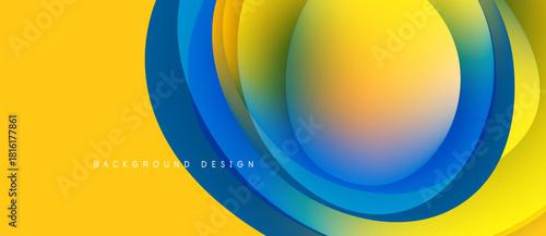 Abstract design features layered curves. Yellow, blue, orange hues create dynamic visual effect. Modern background suitable for various projects.