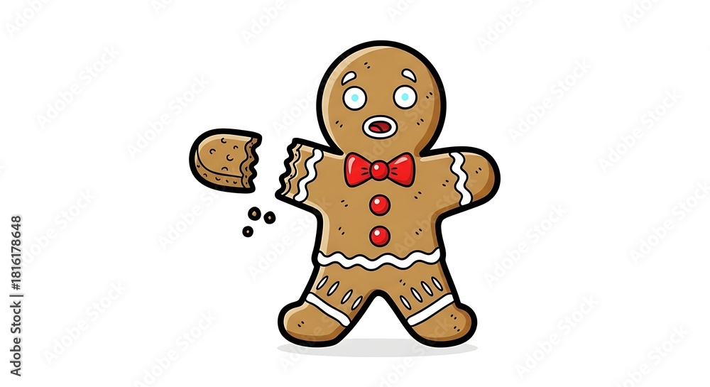 Obraz premium Cartoon Gingerbread Man with Broken Arm and Scared Expression on White Background.