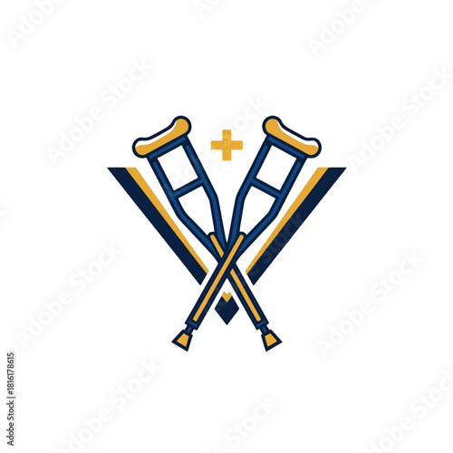 Crutch Symbol medical mobility aid logo with crossed crutches and minimalist healthcare emblem design representing injury recovery and orthopedic support