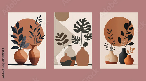 Abstract botanical wall art. Abstract plant wall decor. Contemporary poster set of potted flowers boho style. Modern organic shapes, hand drawn vector illustration