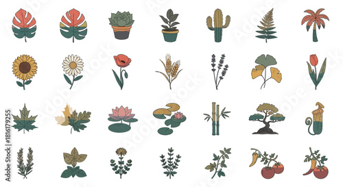 Diverse Botanical Icons: A Stylized Collection of Flora and Foliage Illustrations in soft colours