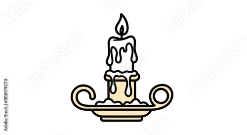 Stylized vintage candle with burning flame and dripping wax in elaborate holder on a white backdrop