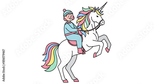 Illustration of child riding a rearing unicorn with a multicolored mane and tail