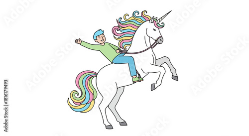 A cheerful young man joyfully riding a magnificent unicorn with a colorful mane and tail