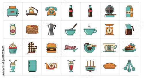 Collection of retro diner icons showcasing classic breakfast items and vintage kitchen appliances