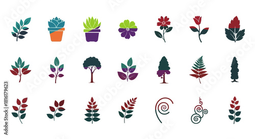 Diverse botanical vector icons showcasing minimalist plant life elements with various floral and