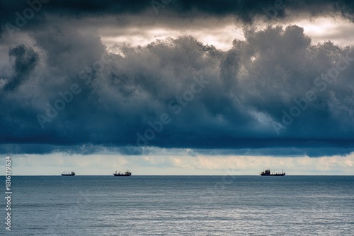 Fototapeta Naklejka Na Ścianę i Meble -  Three small ships sail on the sea in the distance during the day, thunderclouds. The ships are wooden.
