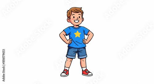 Happy Young Boy Standing Confidently with Hands on Hips.