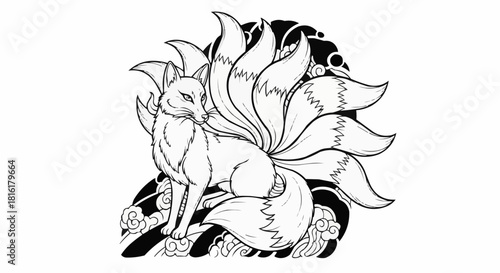 Black and white line art illustration of a mythical nine-tailed fox.