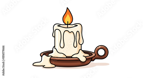 Cartoon candle illustration with burning flame and wax drippings in antique holder isolated on