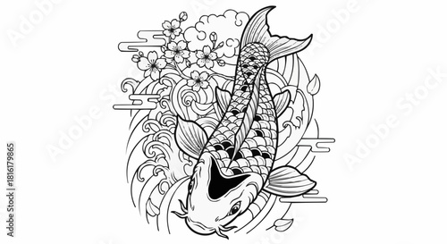 Detailed illustration of a koi fish with intricate patterns and design.