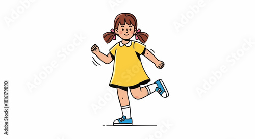 Happy Little Girl with Pigtails in Yellow Dress Running.