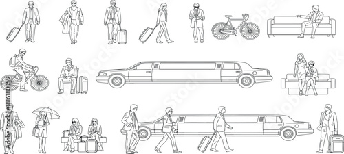Line art vector collection depicting diverse travel scenarios, including people with luggage, luxury limousines, bicycles, and lounge settings, ideal for design