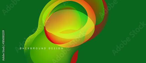 Abstract design features vibrant overlapping layers. Green background complements yellow, orange, red hues. Modern aesthetic.