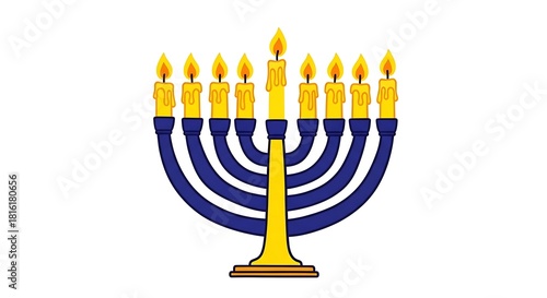 Hanukkah Menorah with Nine Lit Candles on White Background.