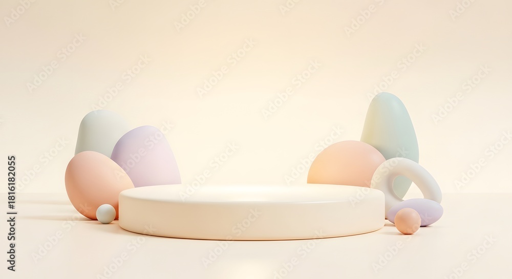 Fototapeta premium Pastel Color Product Display Podium With Abstract Shapes on Soft Cream Background for Cosmetic Presentation and Advertising Mockup
