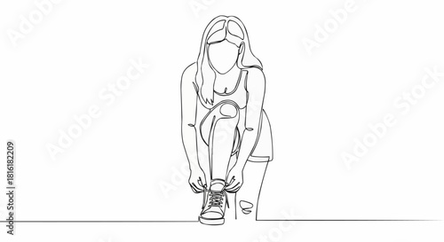 Continuous line drawing of a young woman tying her shoelaces.