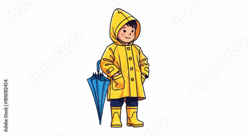 Happy child in yellow raincoat with blue umbrella ready for rain.