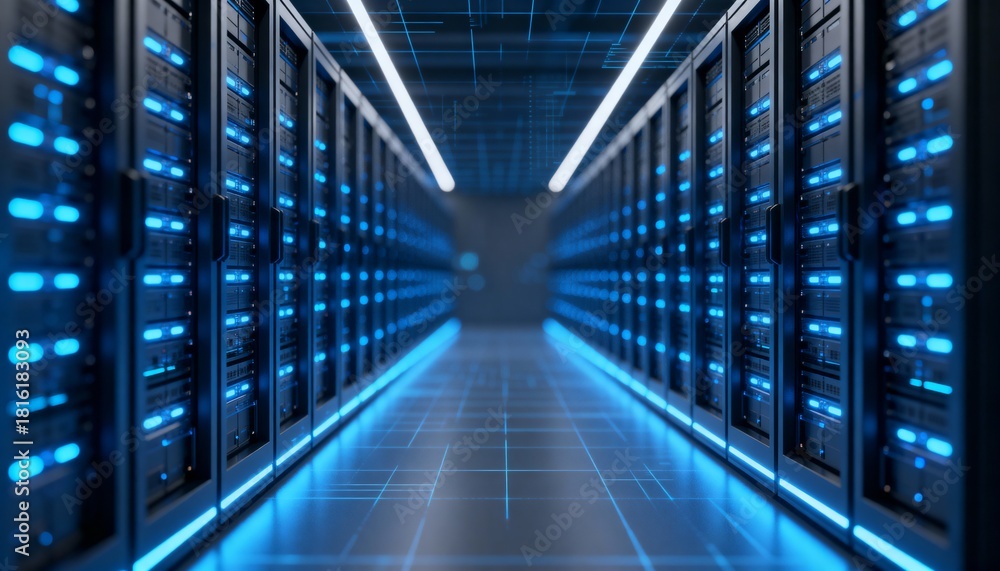Fototapeta premium Futuristic server room with blue neon lights and data racks, cloud computing background