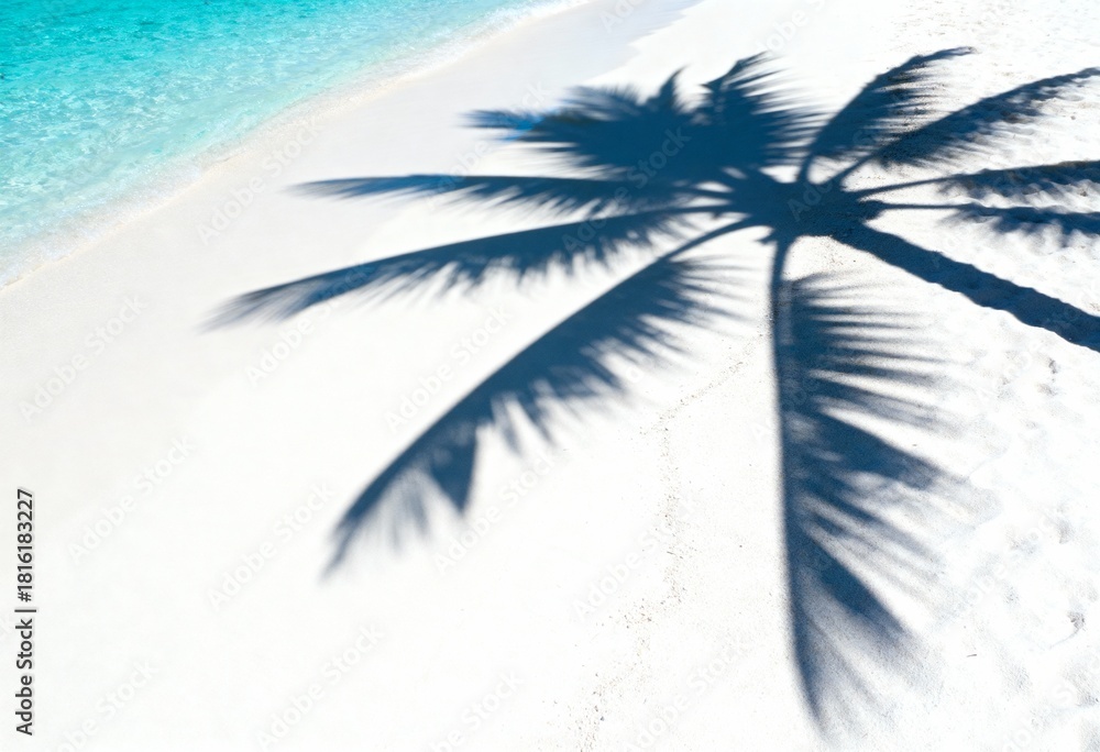 Fototapeta premium Shadow of coconut palm tree on white sand beach next to turquoise water, summer background