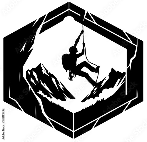 A bold black-and-white illustration features a lone climber suspended on a rope inside a stylized hexagonal frame, with jagged mountains and clouds creating a dramatic