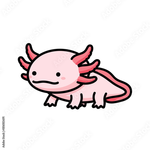 Cute cartoon axolotl character smiling and standing on white background  
