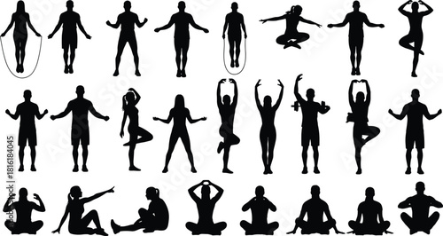 Fitness and yoga silhouette collection, men and women doing workout exercises, meditation poses set isolated on white background for sport design.