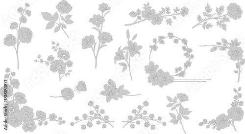 This artistic approach emphasizes the elegance and form of the flowers—roses, lilies, and cherry blossoms—without the distraction of color.