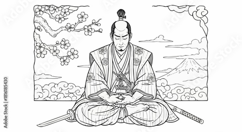 Meditating Samurai Warrior in Traditional Attire with Swords.