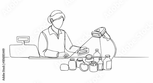 Cashier Scanning Groceries at Checkout Counter in Supermarket.
