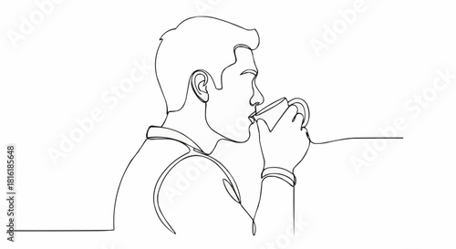 Man drinking coffee from a mug in a single line drawing.