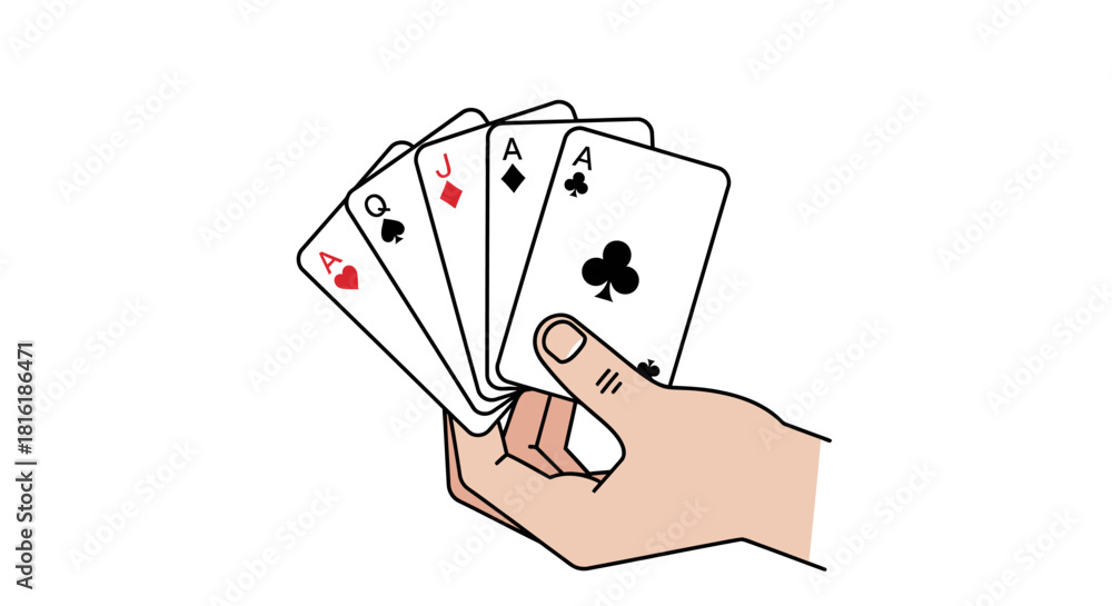 Obraz premium Close-up illustration of a hand holding playing cards highlighting chance games and strategic