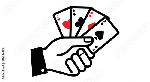 Stylized hand holding winning poker hand featuring aces and a king illustration