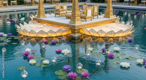 Ornate gold mandap floats in a pond with flowers. Indian wedding decoration for product staging, video background, and luxury branding.