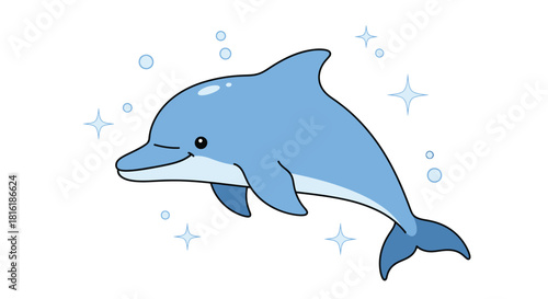 A charming, light blue cartoon dolphin illustration with bubble and sparkles elements on a white