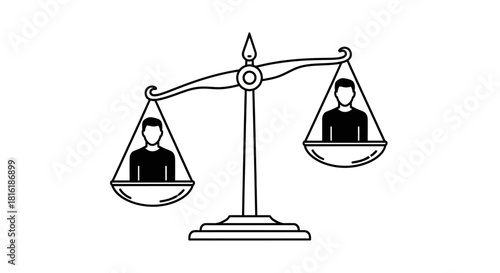 A black and white line art illustration depicting a balance scale with two human figures, symbolizing equality and justice.