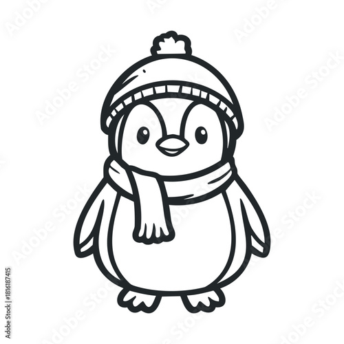 Cute penguin wearing a hat and scarf in winter attire.Vector hand draw