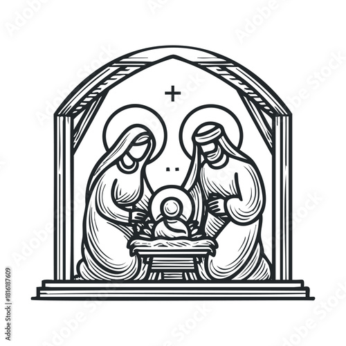 A nativity scene featuring Mary, Joseph, and baby Jesus.Vector hand draw