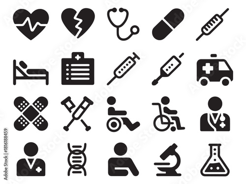 Collection of medical healthcare icons for digital and print use featuring life saving equipment and symbols