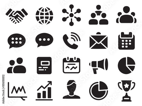 Diverse glyph style icons representing business communication collaboration and success concepts