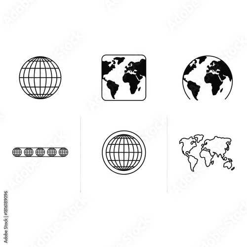 Collection of stylized globe and world map icons
