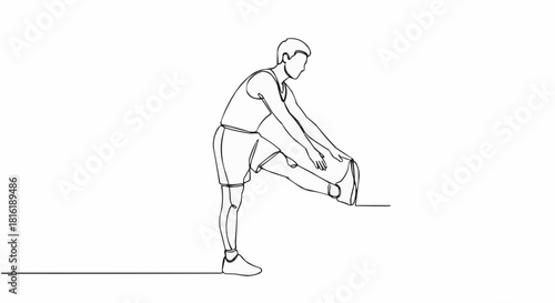 Continuous line drawing of a man stretching his leg before exercise.