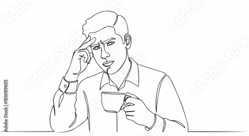 Man Contemplating with Coffee - A Line Art Illustration of Thought.